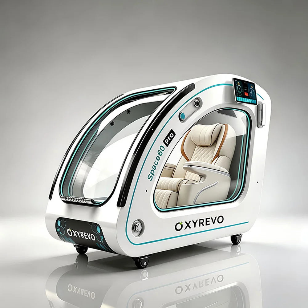 White OXYREVO Space60 Pro Hyperbaric Oxygen Chamber angled render with cream quilted recliner and tray