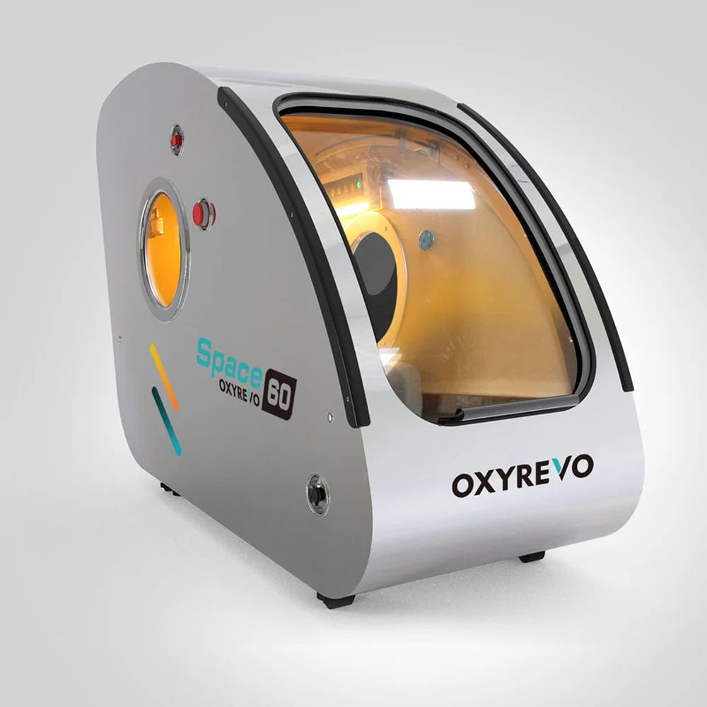 Silver colour option for the OxyRevo Space60 Sitting Hyperbaric Chamber with interior light showing
