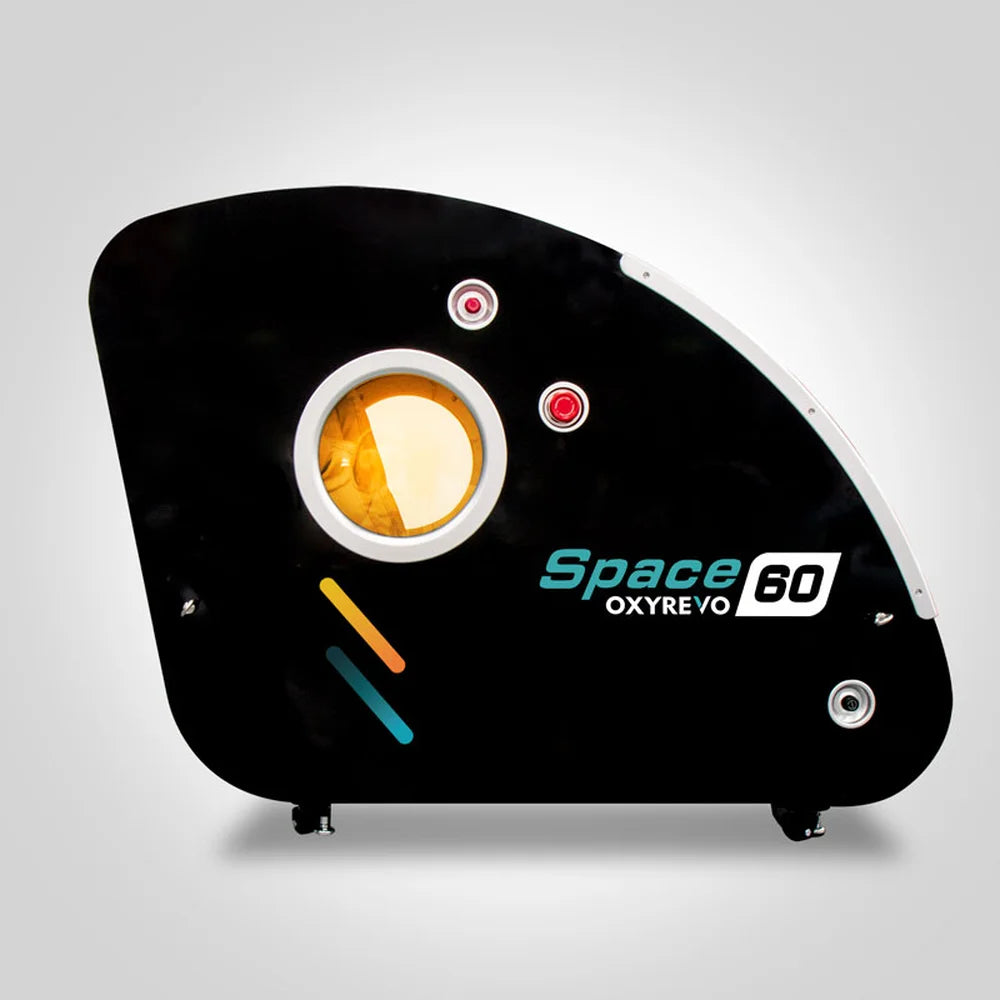 Black OxyRevo Space60 viewed flat from the far side with window port and emergency release buttons