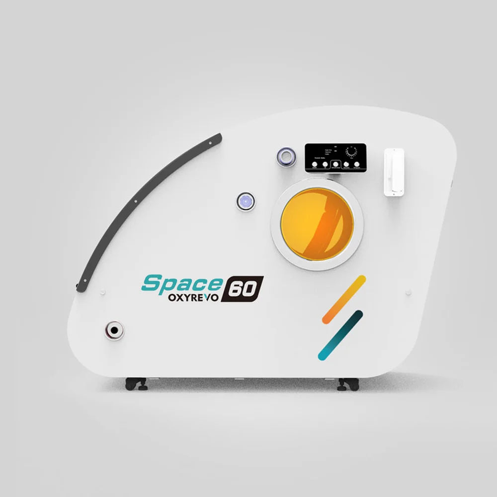 Side profile of the OxyRevo Space60 HBOT Chamber with external panel, gauge and round porthole