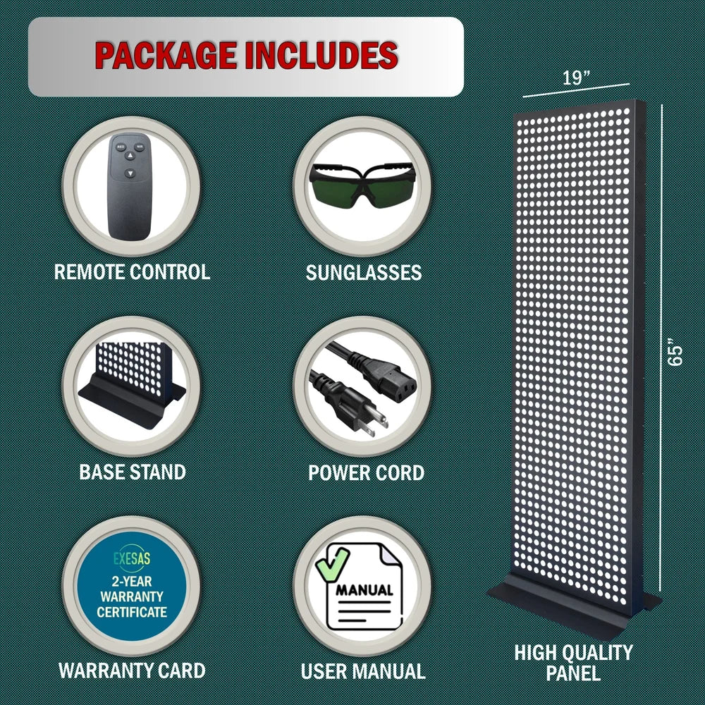 Included remote, sunglasses, stand and manual shown with the 65-inch EXESAS 800 LED 4000W Full Body Red Light Panel