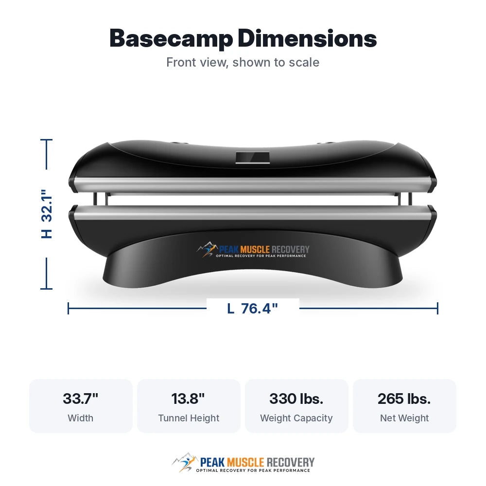 Dimensions diagram of the black Peak Muscle Recovery Basecamp Red Light Therapy Bed with length, height, width, tunnel height and weight capacity