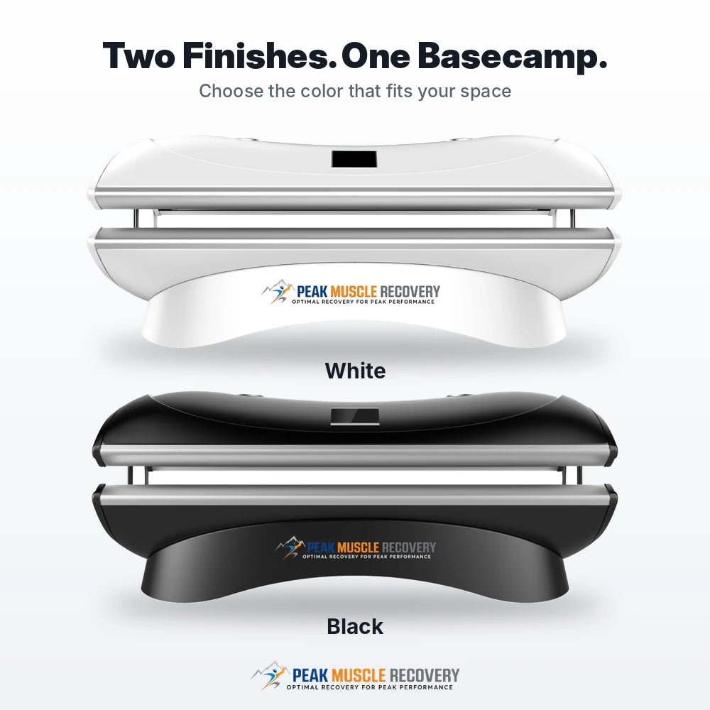 White and black color options of the Peak Muscle Recovery Basecamp Red Light Therapy Bed