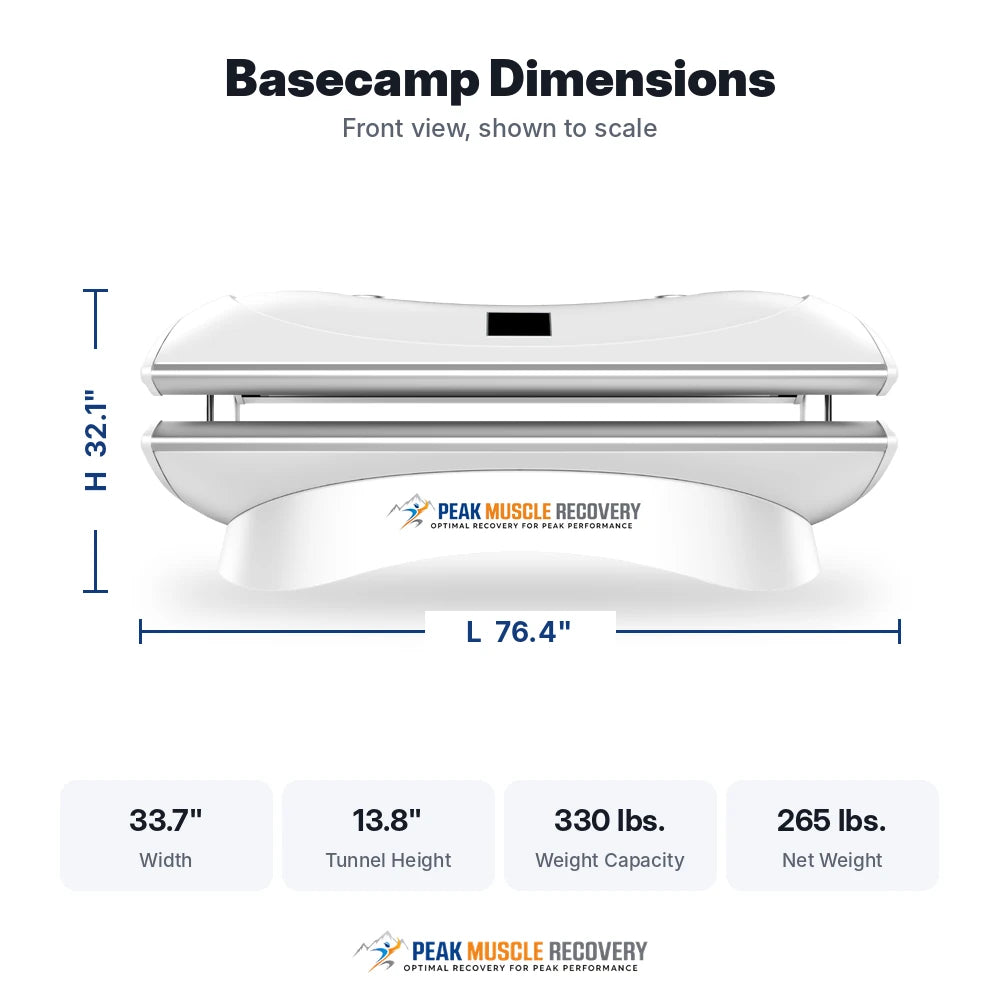 Dimensions diagram of the white Peak Muscle Recovery Basecamp Red Light Therapy Bed with length, height, width, tunnel height and weight capacity