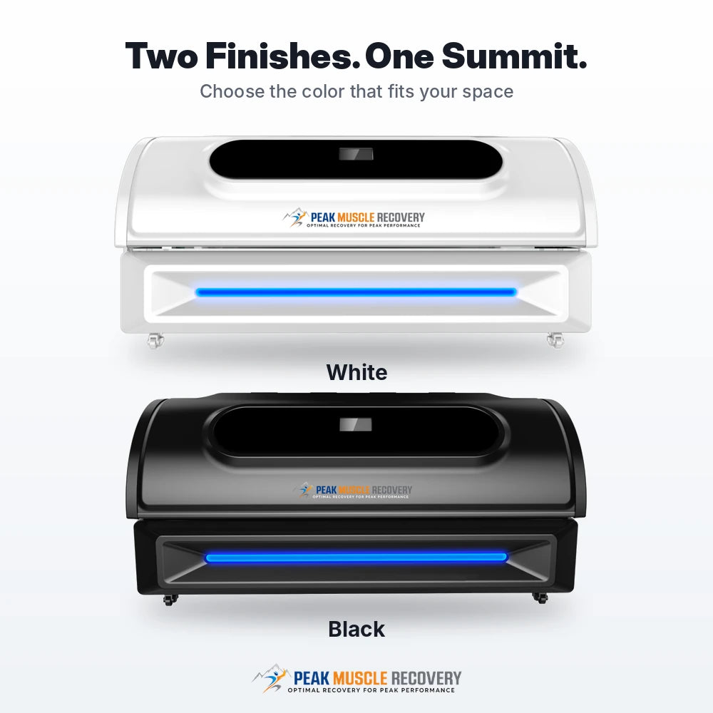 White and black color options of the Peak Muscle Recovery Summit 360 Red Light Therapy Bed