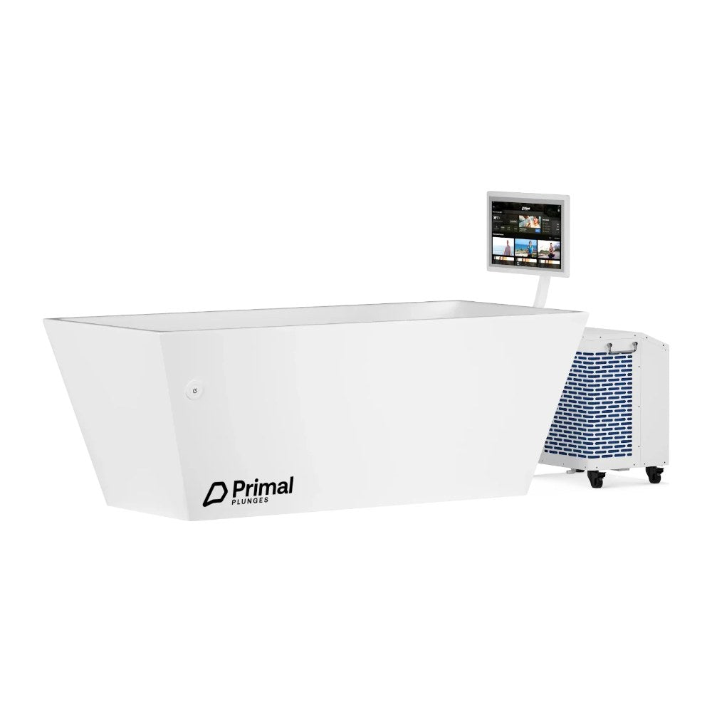 Primal Plunges Blizzard XL acrylic cold plunge with chiller and touchscreen on white background