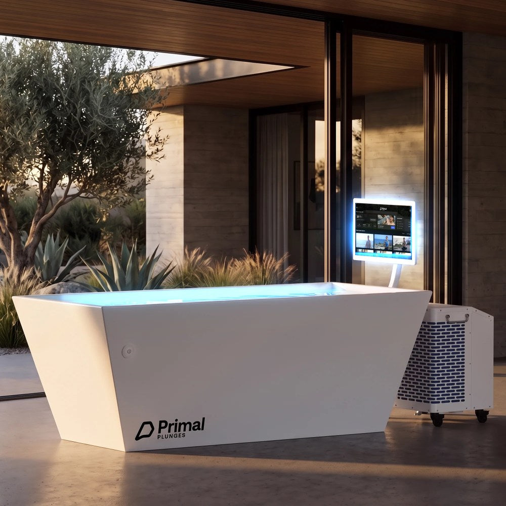 Primal Plunges Blizzard cold plunge with touchscreen on outdoor patio