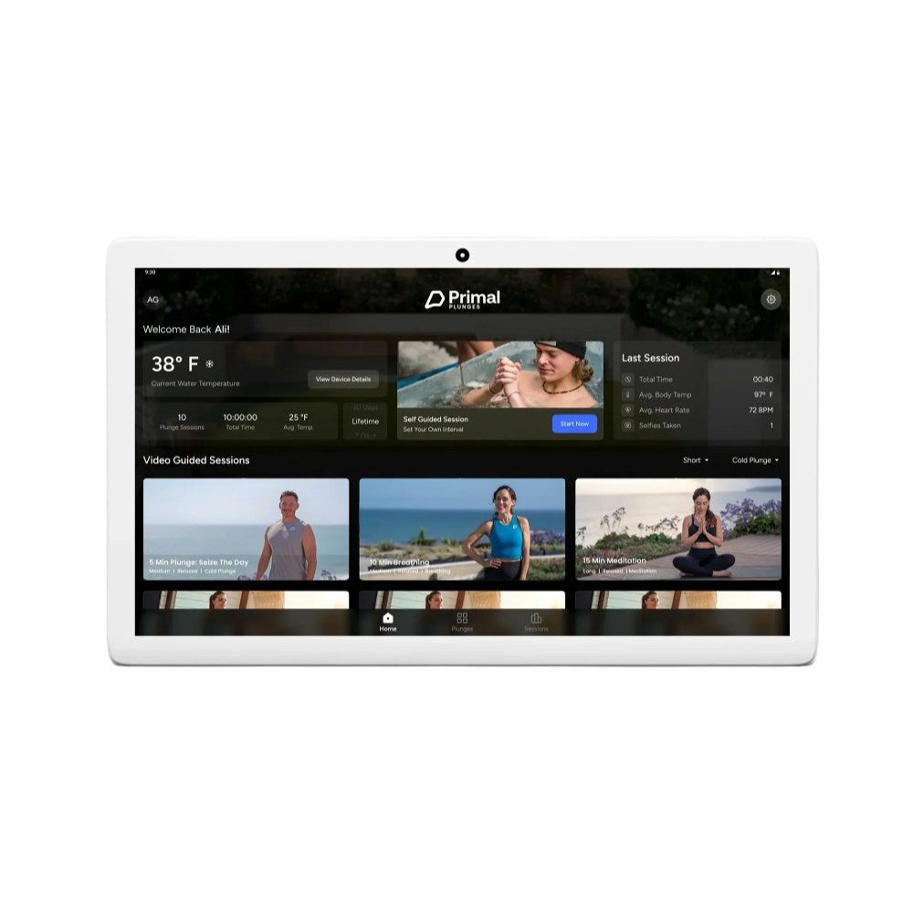 Primal Plunges indoor touchscreen showing PrimalOS home screen