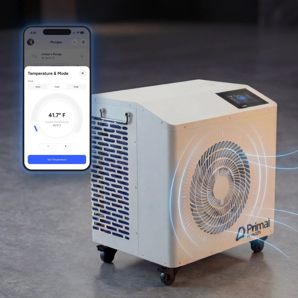 Primal Plunges Pro Chiller with PrimalOS app on phone for WiFi temperature control
