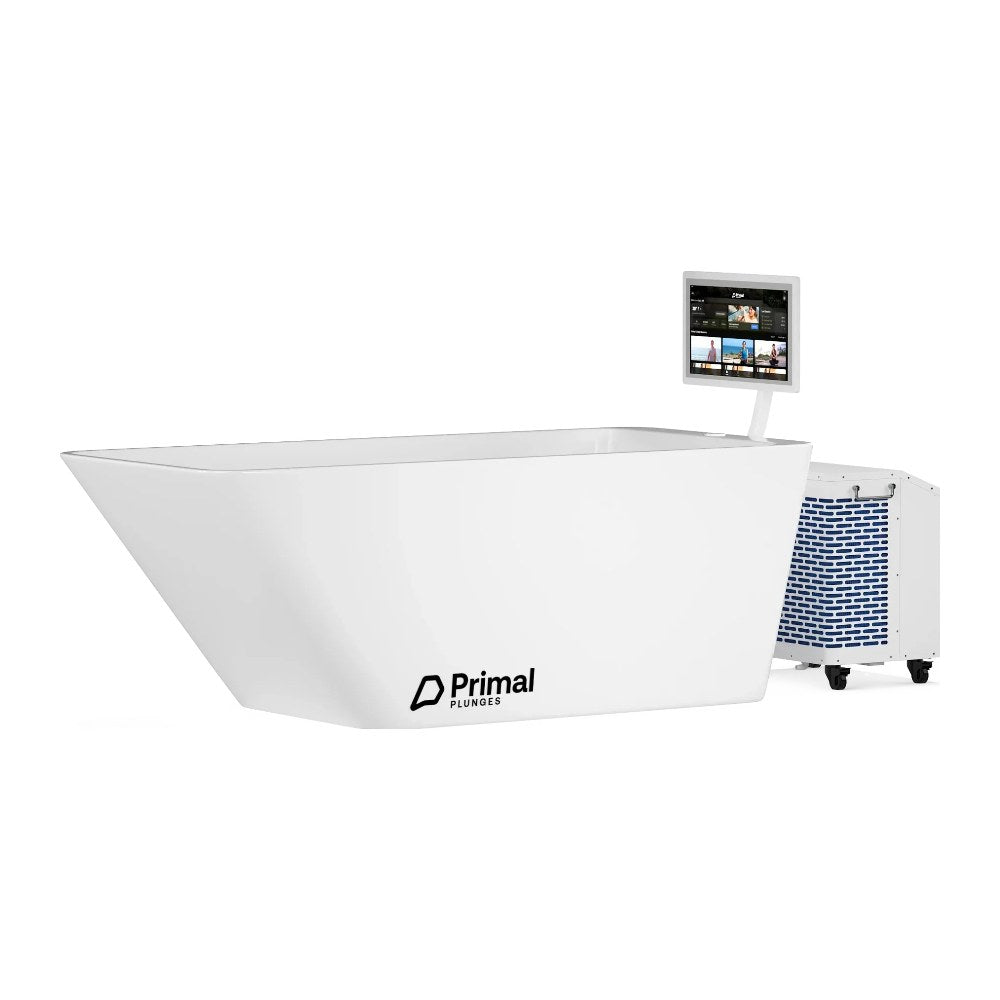Primal Plunges Whiteout acrylic cold plunge with chiller and touchscreen on white background