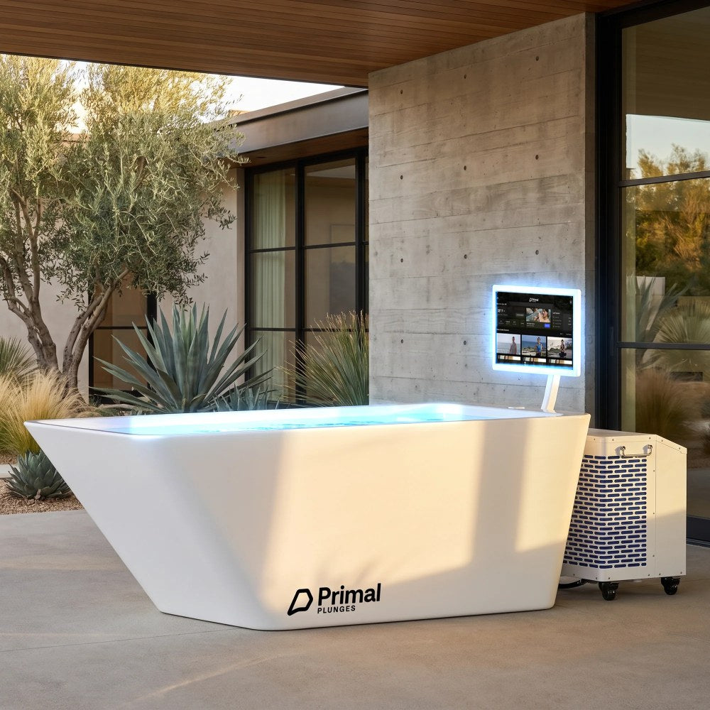 Primal Plunges Whiteout cold plunge with touchscreen on outdoor patio