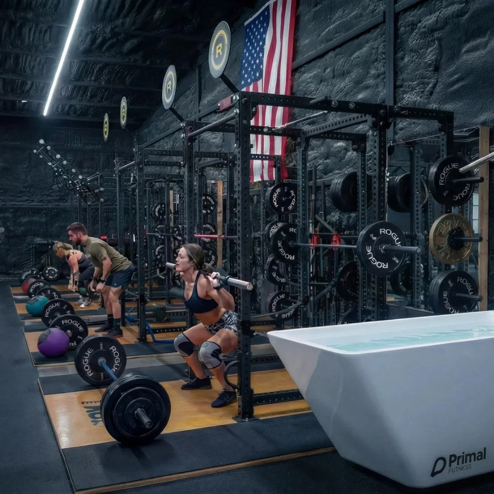 Primal Plunges Whiteout cold plunge in a CrossFit gym
