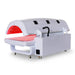 Rear three-quarter studio view of the Nextgen Fit Infrared Therapy Bed with canopy raised and red panels lit