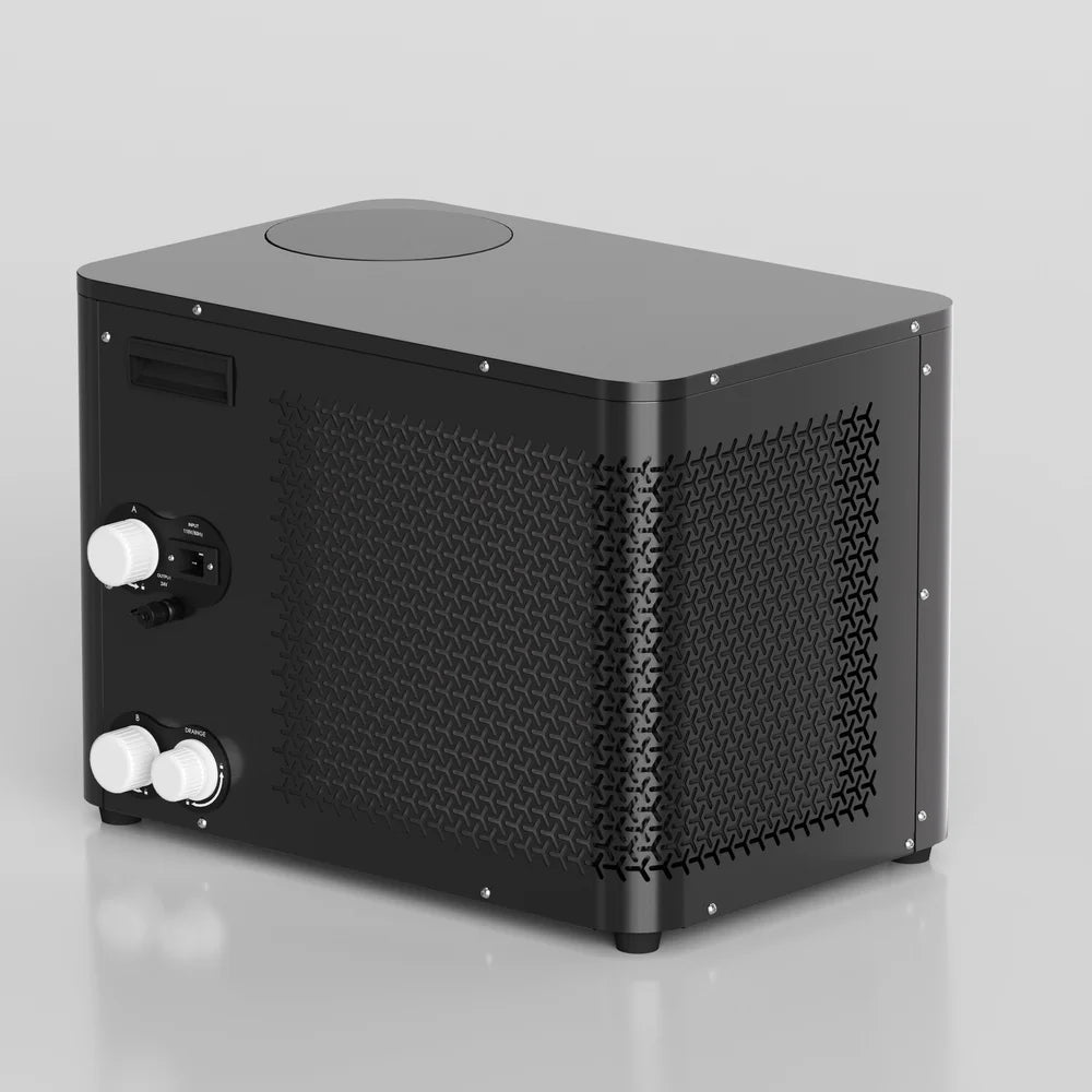 Back panel of the AMBOHR Pro Chiller Recovery Chiller with A and B fittings, drainage knob and power inlet