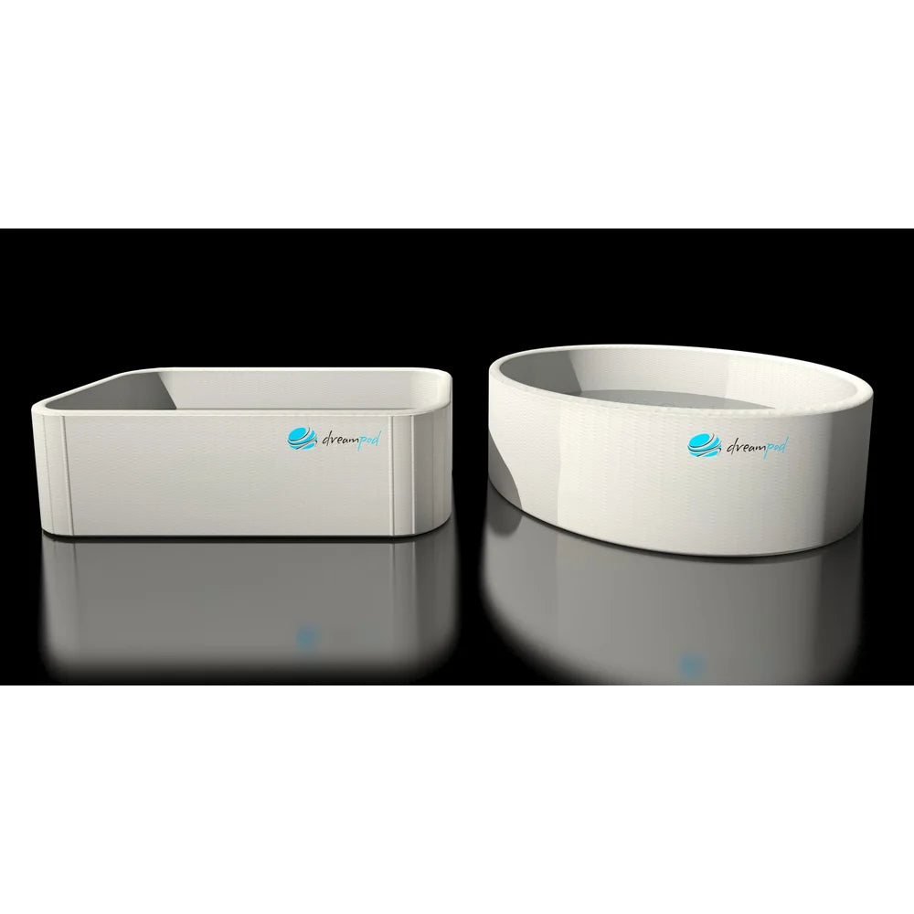 Rectangular and round white tub shapes of the Dreampod Home Float FLEX Inflatable Float Tank shown side by side