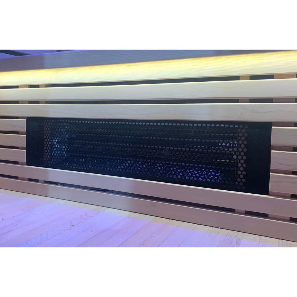 Perforated black grille covering the red glass heater element in the Blisspod Helsinki Chromotherapy Sauna