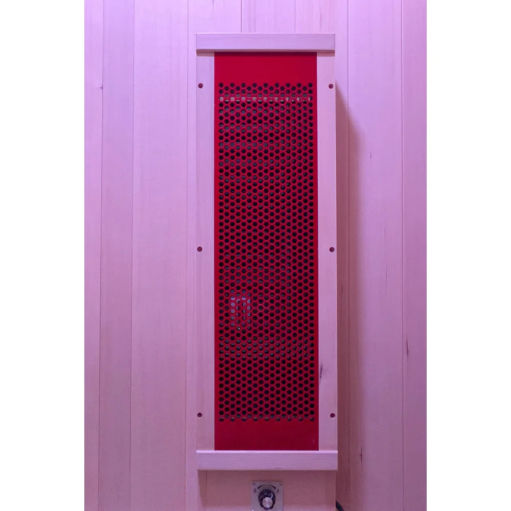 Perforated red glass full spectrum heater fitted in the front wall of the Blisspod Milano Hemlock Sauna