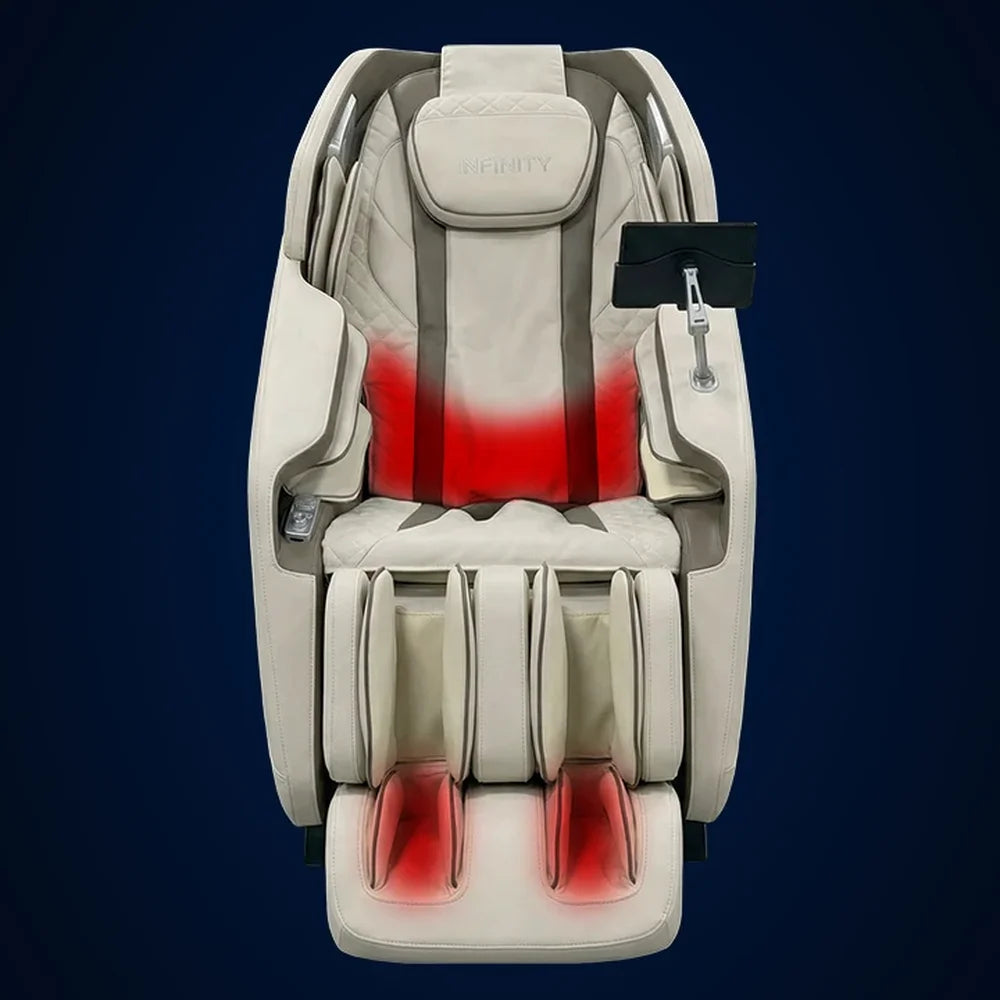 Lower back and foot heating areas glowing red on the Infinity Celebrity Elite Massage Chair front view