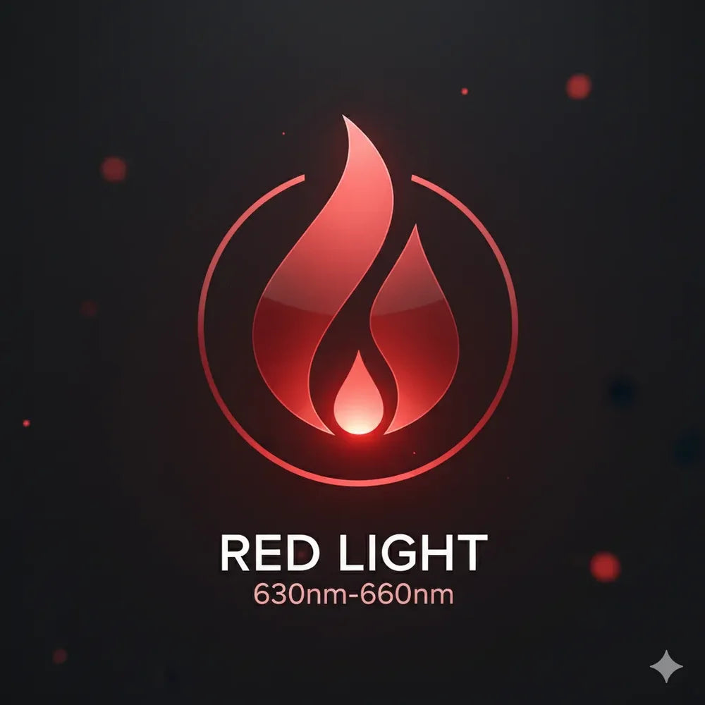 Red flame emblem badge marking the 630nm-660nm red wavelength band of the Nextgen Fit Red Light Therapy Bed