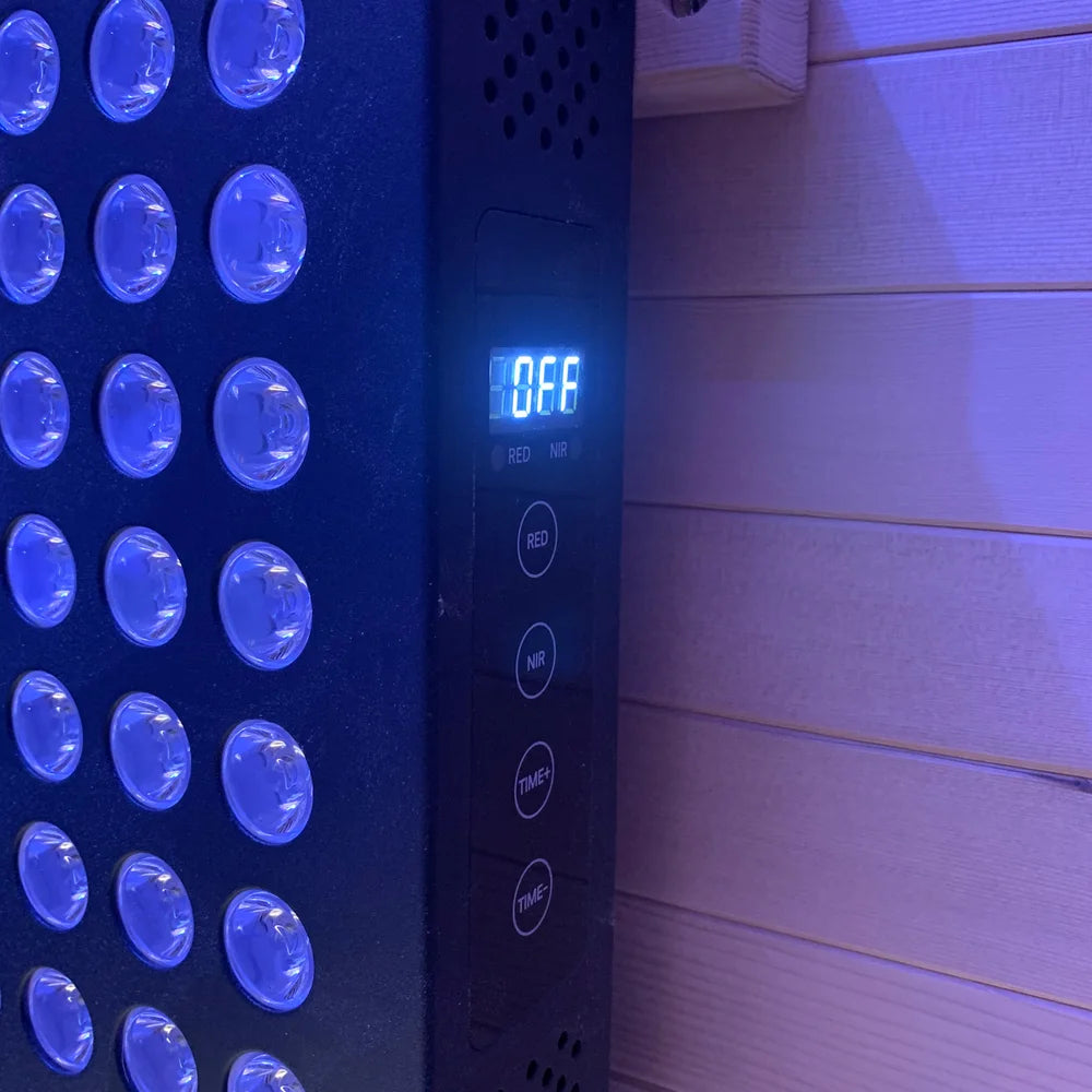 RED and NIR touch controls with timer display on the Blisspod Helsinki Deluxe Sauna therapy panel