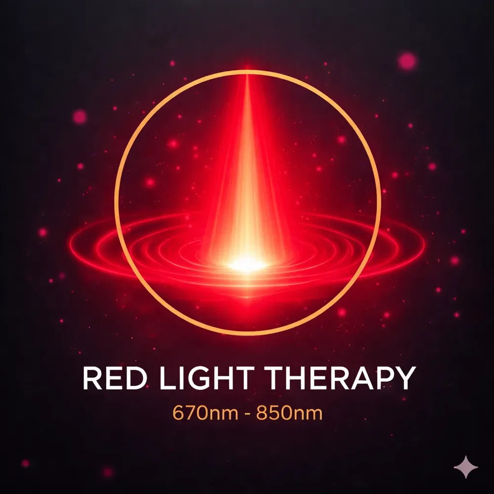 Red light therapy 670nm to 850nm modality badge for the Halo Longevity Capsule Wellness Pod on a dark starfield graphic