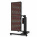 Angled view of the black RevitalCore Apex Red Light Panel upright on its wheeled floor stand with the full LED array lit