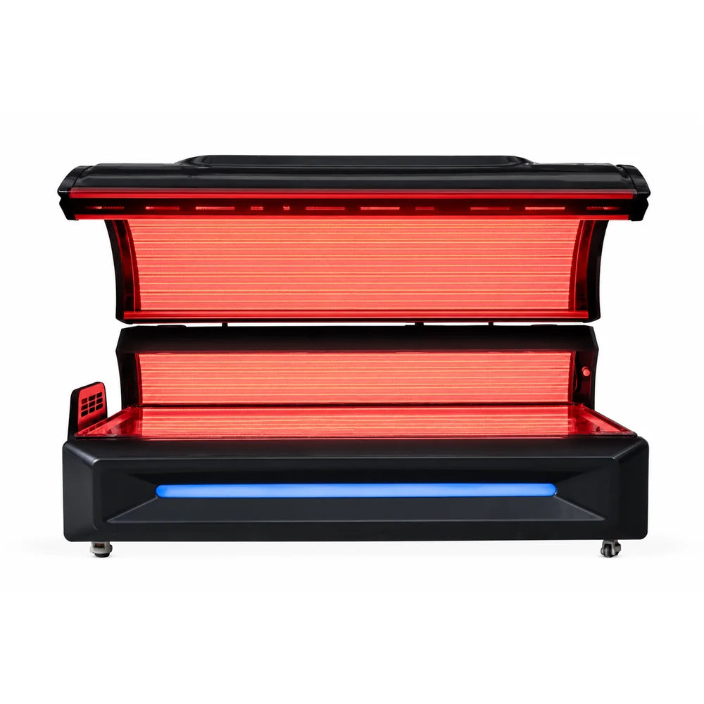 Front view of the open RevitalCore Apex M6 on white, showing upper and lower red LED panels and blue base light