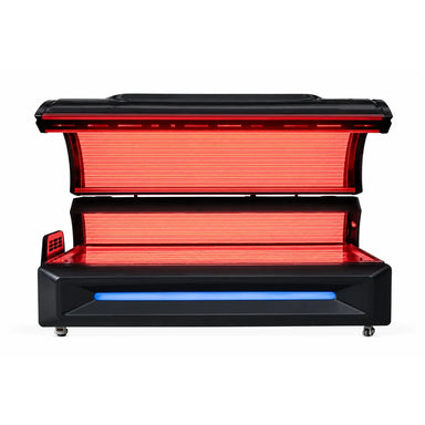 Front view of the open RevitalCore Apex M6 on white, showing upper and lower red LED panels and blue base light