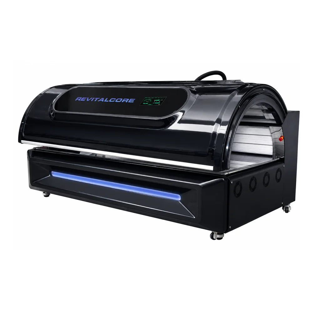 Angled view of the closed RevitalCore Apex M6 Light Bed with branded canopy, display screen and side cooling fans