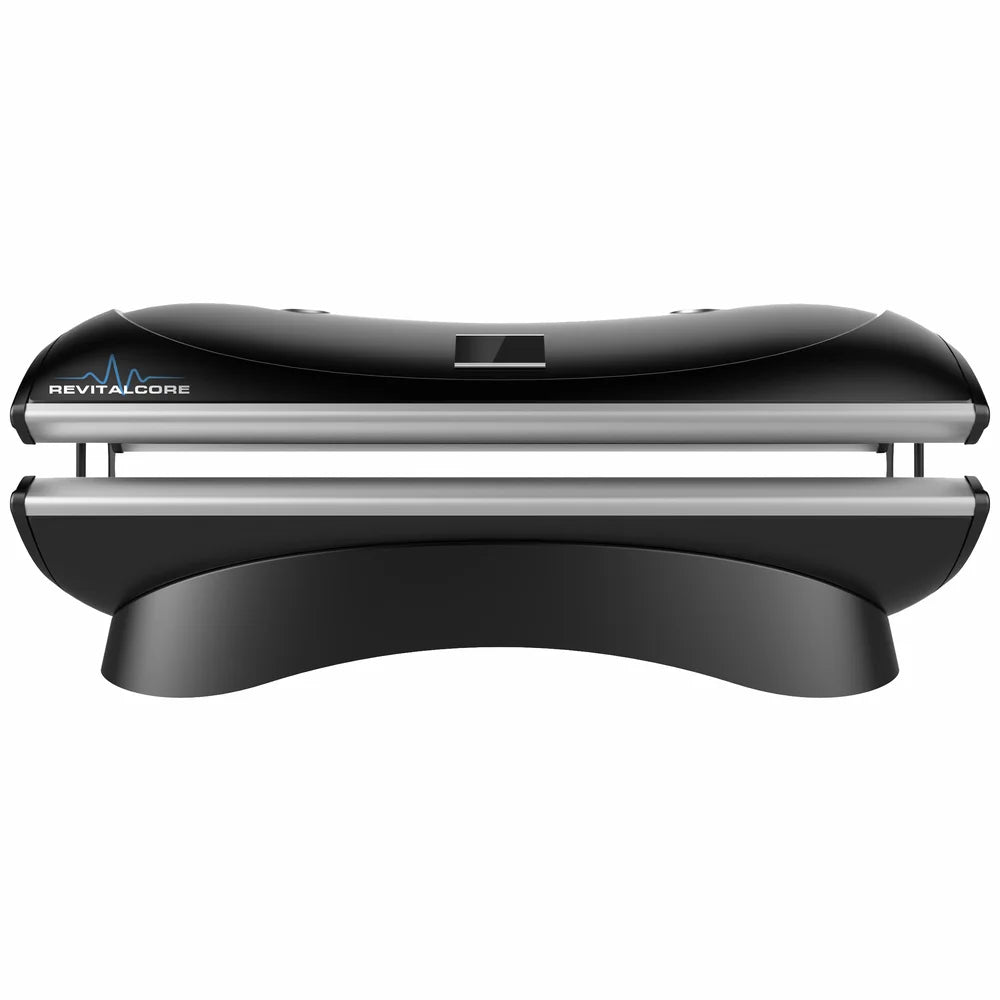Side profile of the closed RevitalCore Ascend M4 Light Bed with centred touchscreen and curved pedestal base