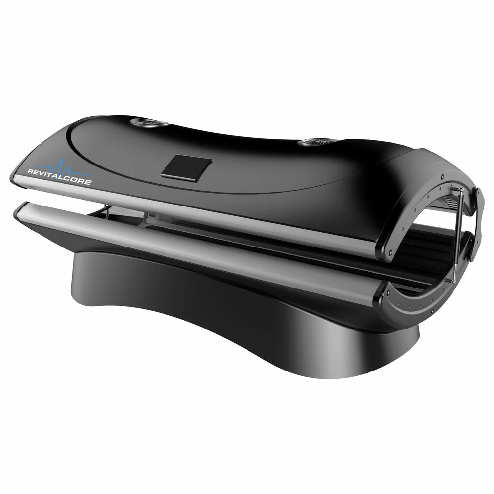 Mirrored angled view of the RevitalCore Ascend M4 with top cooling vents, control screen and pedestal base
