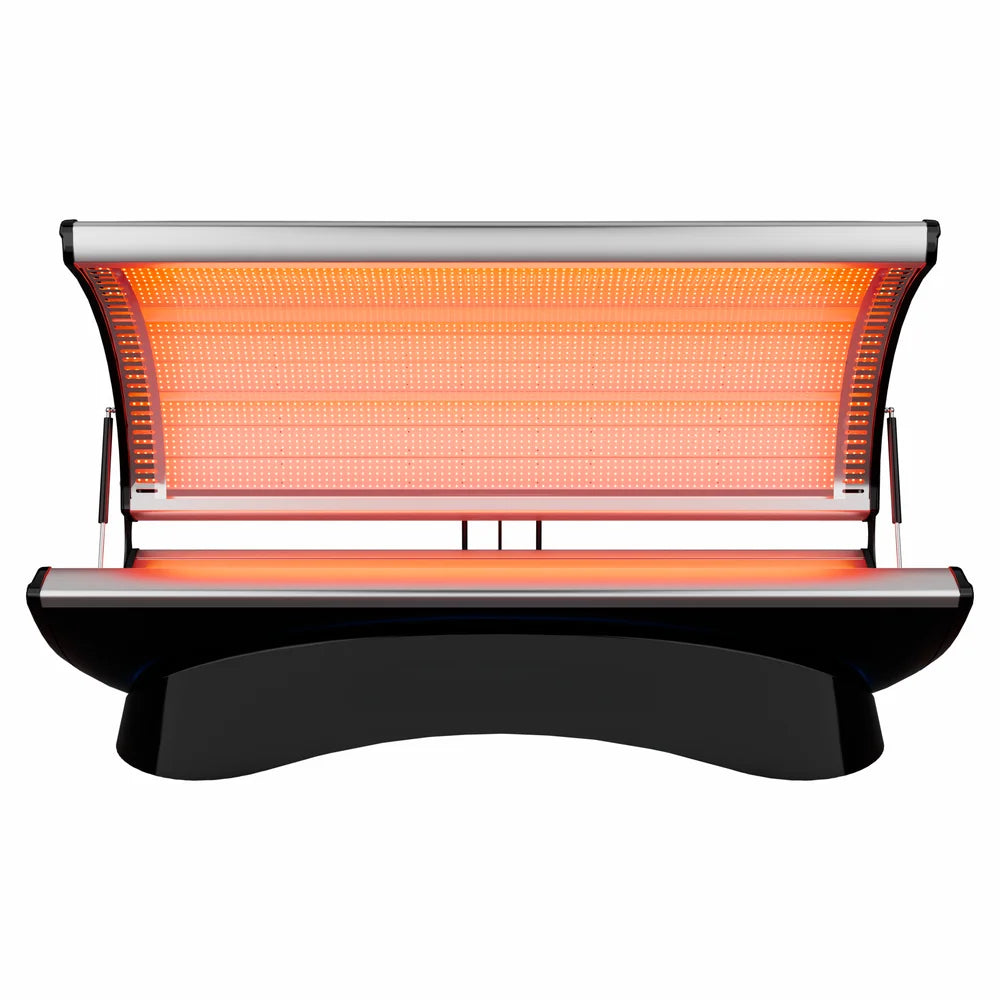 Front view of the RevitalCore Ascend M4 Full-Body Light Bed with canopy raised and red LED panels lit
