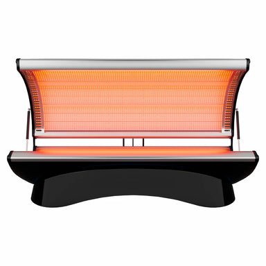 Front view of the RevitalCore Ascend M4 Full-Body Light Bed with canopy raised and red LED panels lit