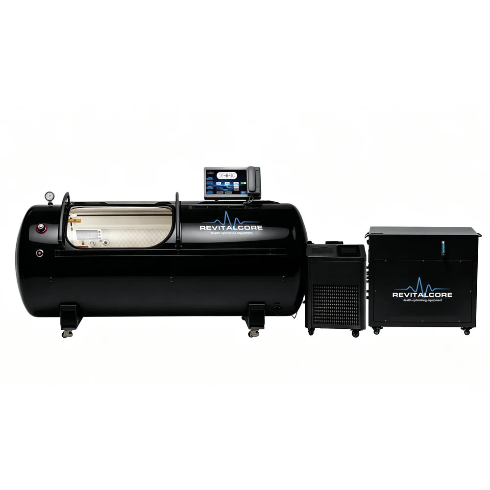 Complete RevitalCore Ascent Hyperbaric Chamber system with black shell, touchscreen and matching oxygen generator cabinet