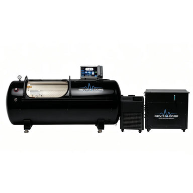 Complete RevitalCore Ascent Hyperbaric Chamber system with black shell, touchscreen and matching oxygen generator cabinet