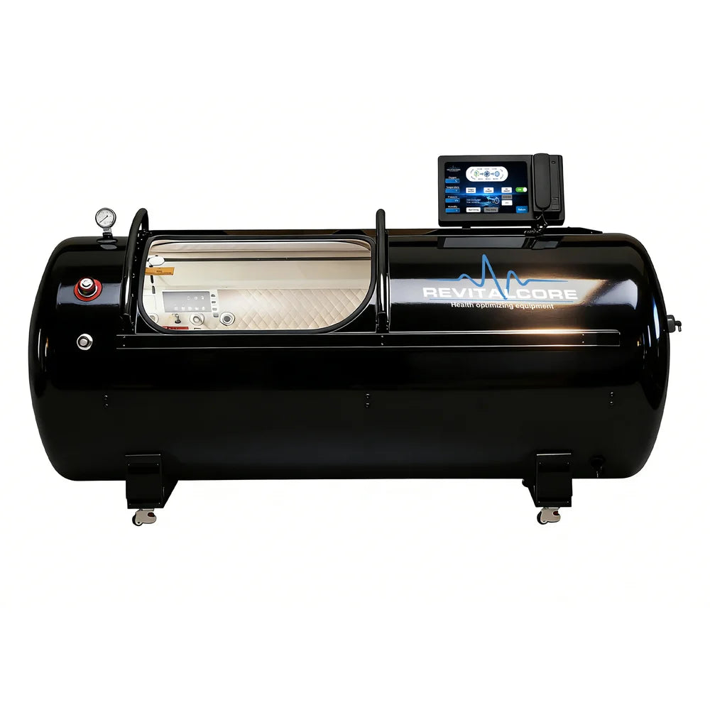 Glossy black RevitalCore Ascent Chamber shown alone with viewing panel, pressure gauge and top touchscreen console