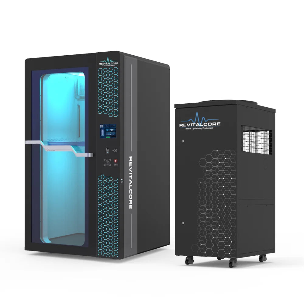 Angled view of the RevitalCore Cryo Elite Whole Body Cryotherapy Chamber with lit glass cabin and separate refrigeration unit