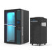 Angled view of the RevitalCore Cryo Elite Whole Body Cryotherapy Chamber with lit glass cabin and separate refrigeration unit
