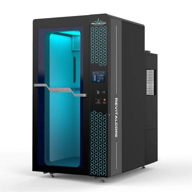 Black single-user RevitalCore Cryo Pro Whole Body Cryotherapy Chamber with glass door, teal-lit cabin and side refrigeration unit