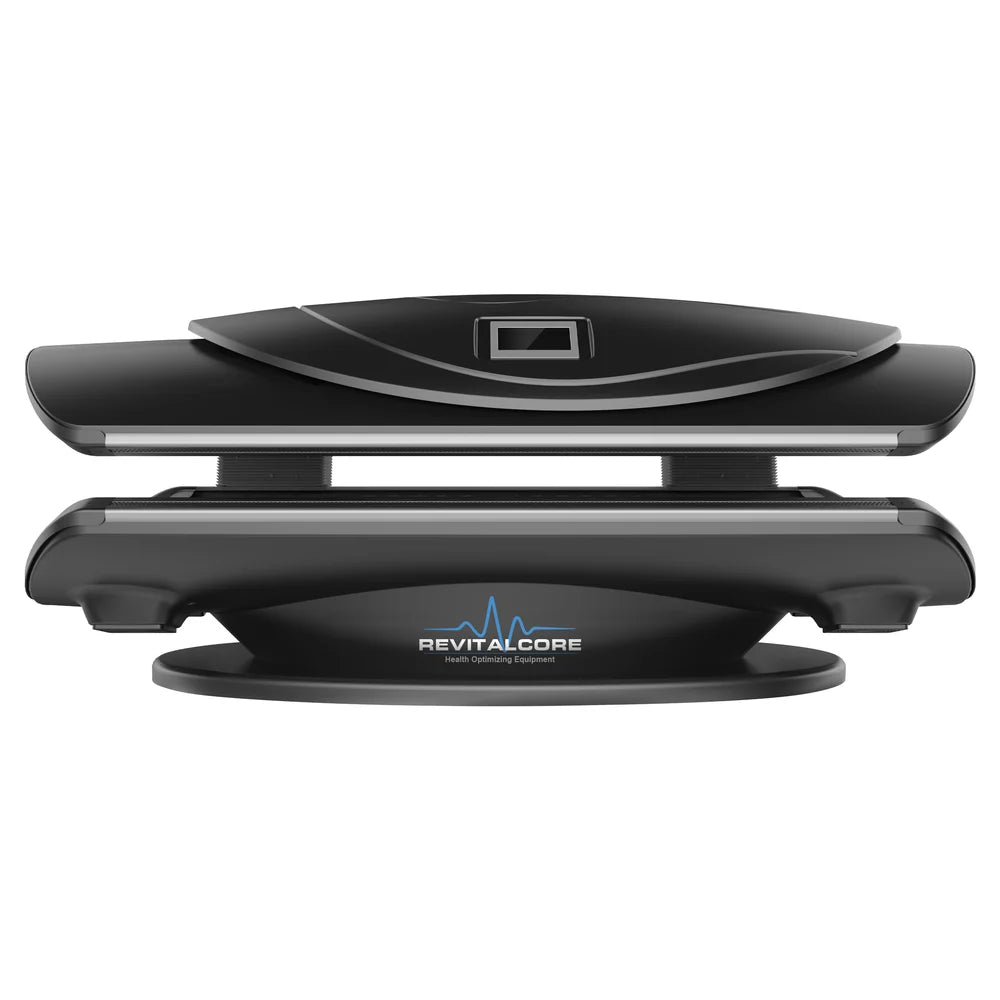 Closed side profile of the Elevate by RevitalCore Elevate M7 Light Bed with sculpted black shell and lid touchscreen