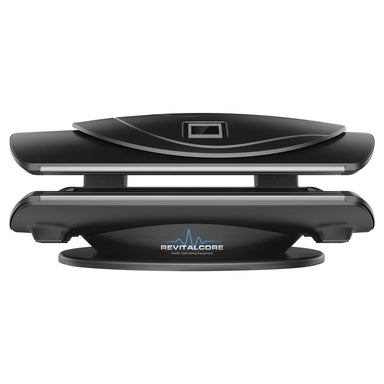 Closed side profile of the Elevate by RevitalCore Elevate M7 Light Bed with sculpted black shell and lid touchscreen