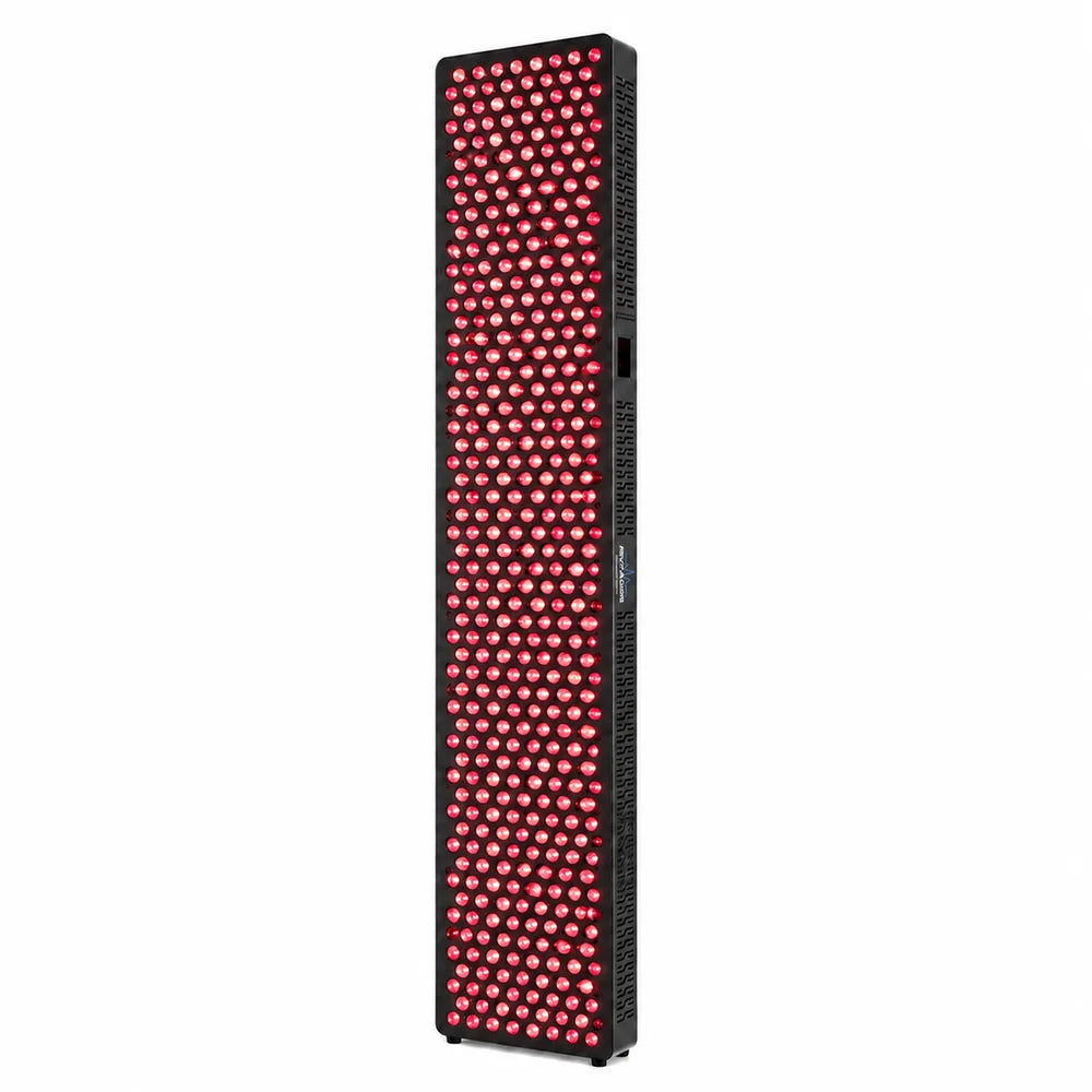 Illuminated front face of the RevitalCore X-Ascend Red Light Panel in black with hundreds of glowing LEDs