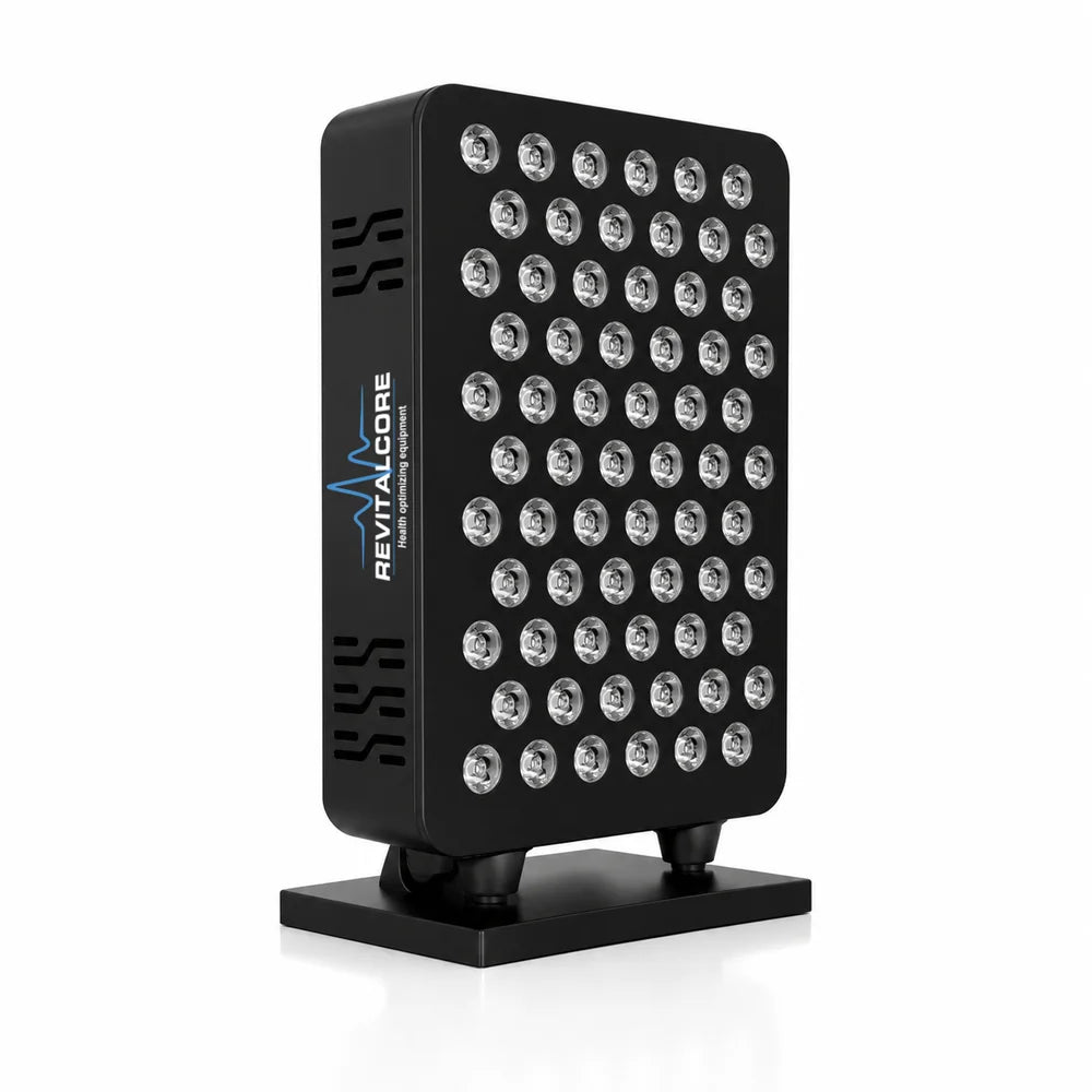 Angled studio shot of the powered-off RevitalCore X-Aura Pro Red Light Therapy unit on its weighted tabletop base