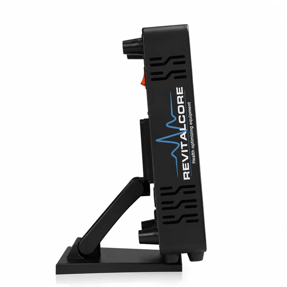 Side profile of the RevitalCore X-Aura Pro showing its slim housing, rear carry handle and hinged tilting stand