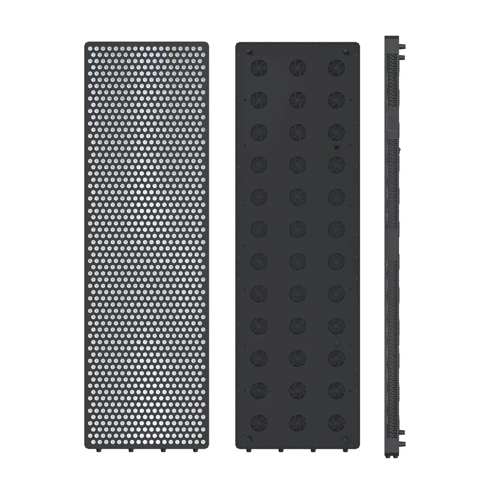 Front, rear and slim side profile views of the black RevitalCore X-Elevate Pro LED Panel with cooling fan grilles