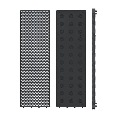 Front, rear and slim side profile views of the black RevitalCore X-Elevate Pro LED Panel with cooling fan grilles
