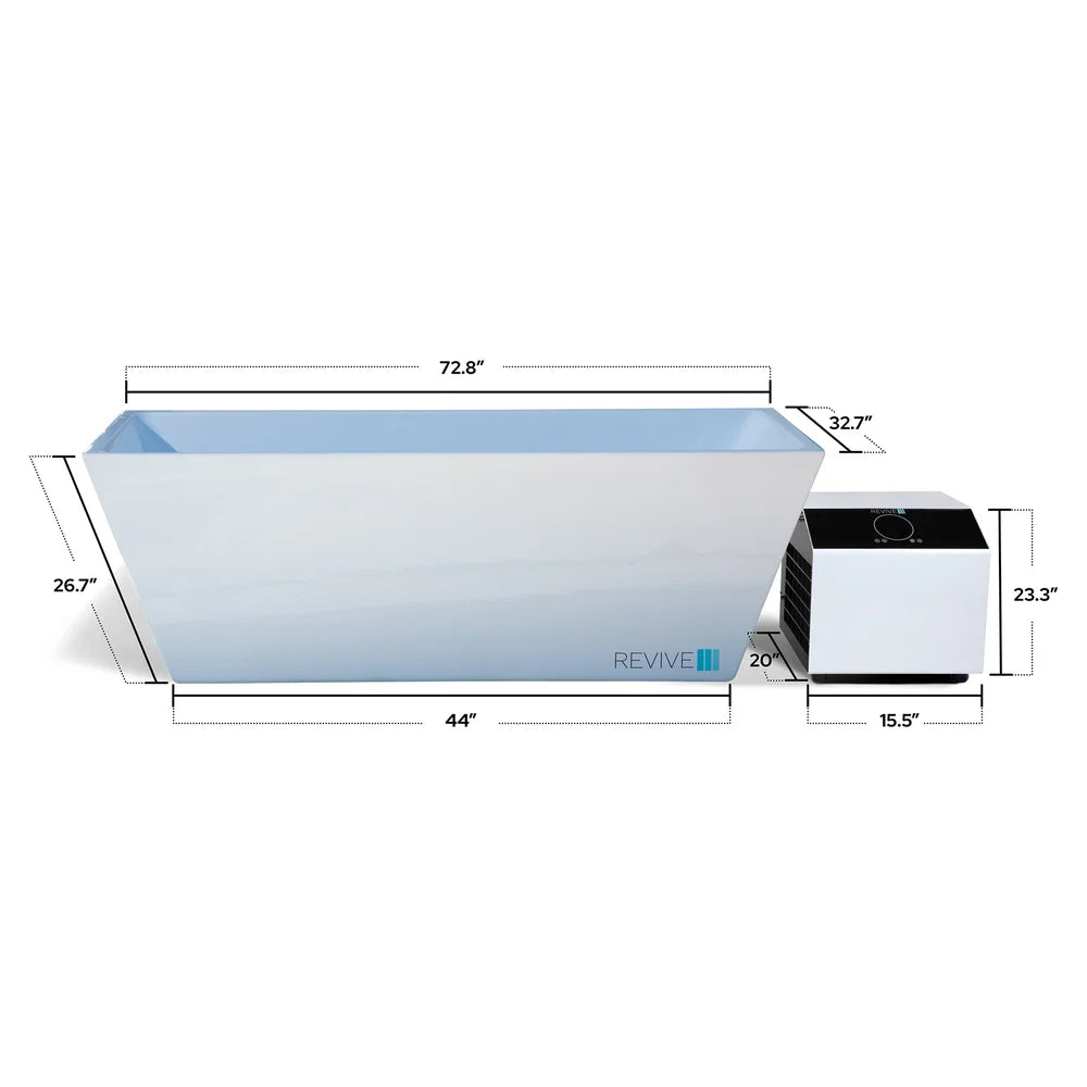 Measured drawing listing tub and chiller sizes in inches for the Revive Acrylic Plunge Tub