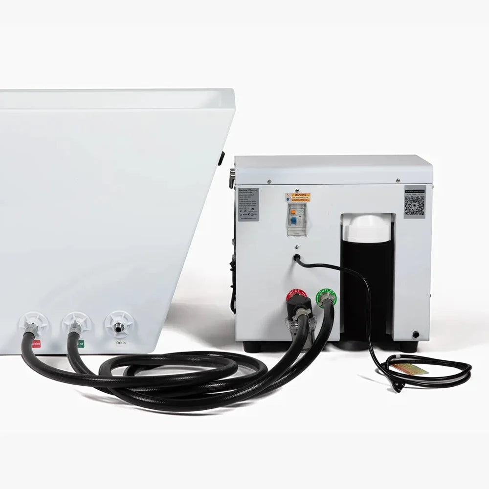 Quick connect hoses linking chiller inlet and outlet ports to the rear of the Revive Plunge Acrylic Plunge Tub