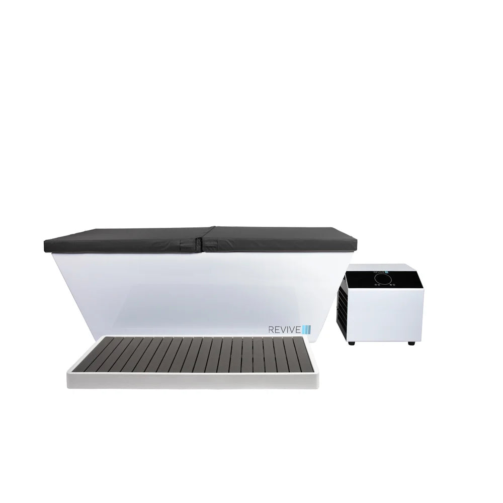 White background front view of the covered Revive Plunge Acrylic Plunge Tub, step platform and chiller