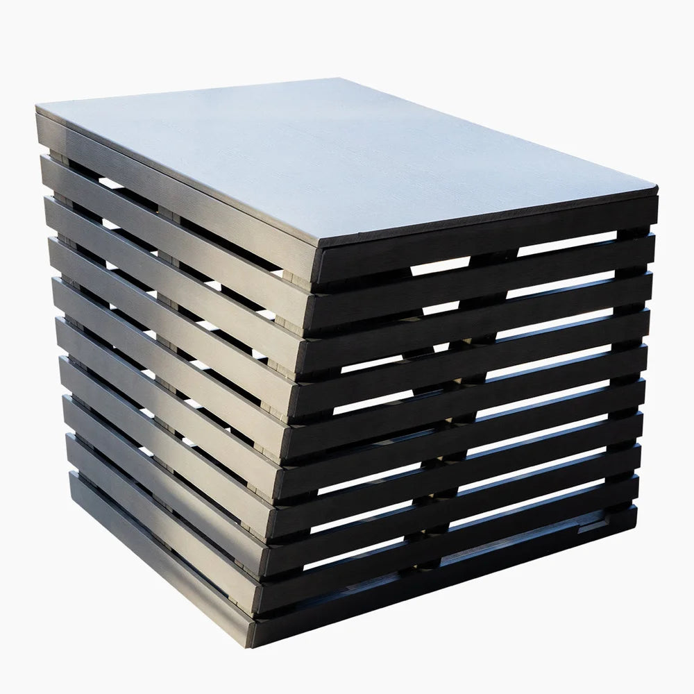 Angled studio shot of the Revive Plunge Chiller Enclosure Cover with solid top panel and louvered composite slats